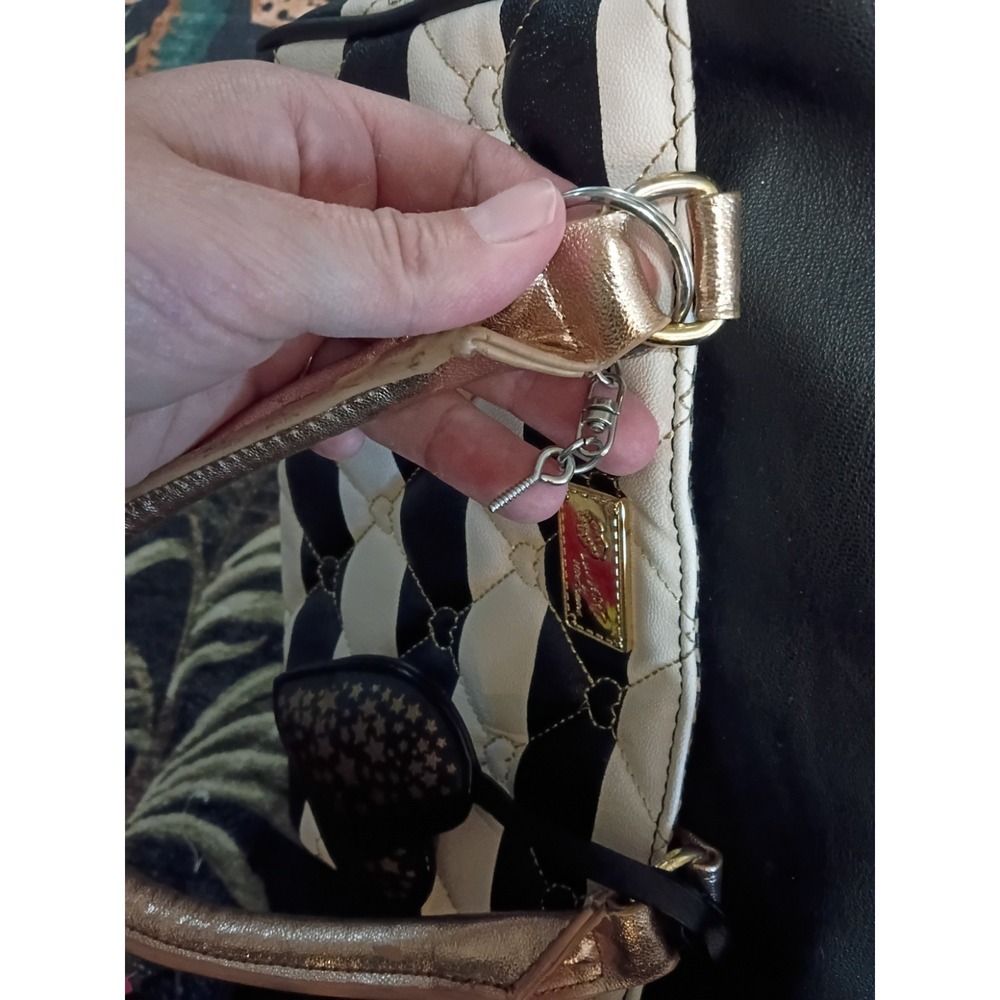 Betsey Johnson Black White Striped Heart Quilted Satchel Purse Bag - Picture 8 of 9